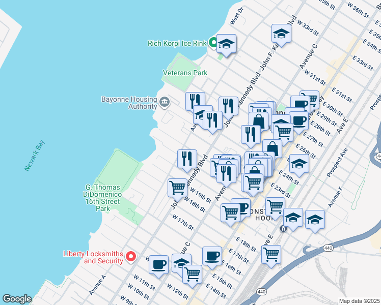 map of restaurants, bars, coffee shops, grocery stores, and more near 132 West 22nd Street in Bayonne