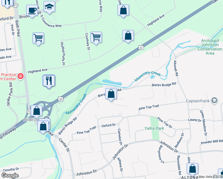 map of restaurants, bars, coffee shops, grocery stores, and more near 405 Bierys Bridge Road in Bethlehem