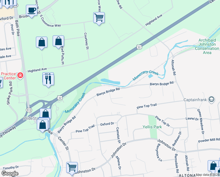 map of restaurants, bars, coffee shops, grocery stores, and more near 405 Bierys Bridge Road in Bethlehem