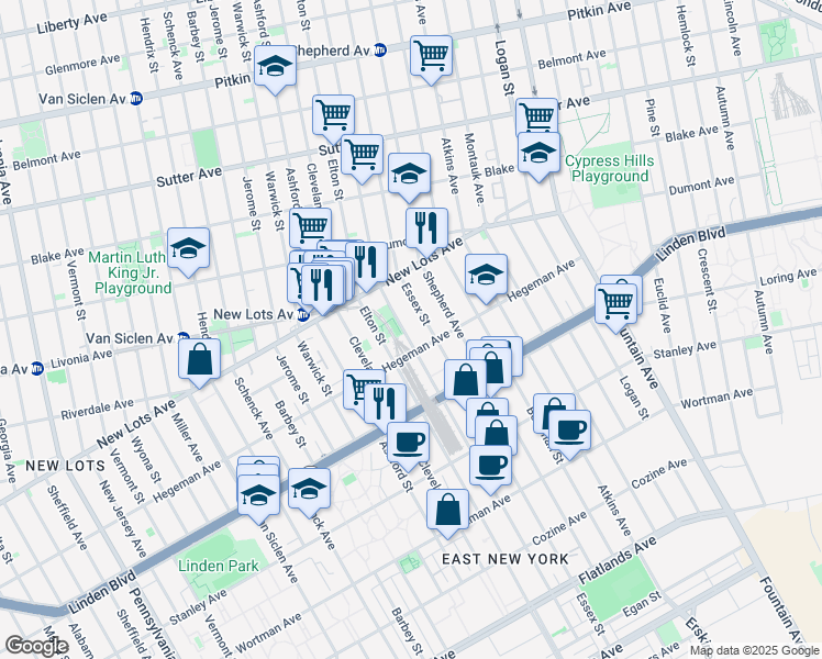 map of restaurants, bars, coffee shops, grocery stores, and more near 700 Essex Street in Brooklyn