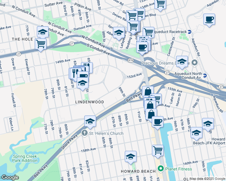 map of restaurants, bars, coffee shops, grocery stores, and more near 25 155th Avenue in Queens