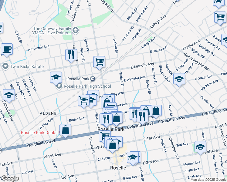 map of restaurants, bars, coffee shops, grocery stores, and more near 36 East Webster Avenue in Roselle Park