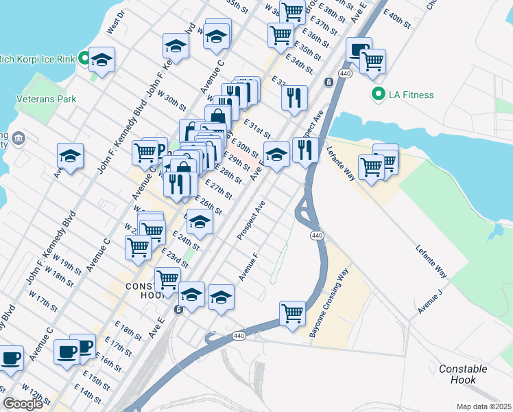 map of restaurants, bars, coffee shops, grocery stores, and more near 171 Prospect Avenue in Bayonne