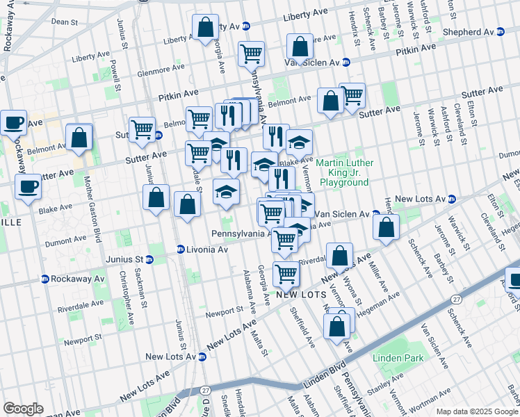 map of restaurants, bars, coffee shops, grocery stores, and more near 427 Georgia Avenue in Brooklyn