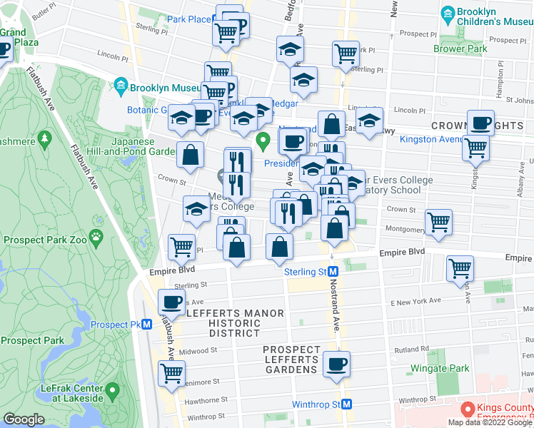 map of restaurants, bars, coffee shops, grocery stores, and more near 188 Crown Street in Brooklyn