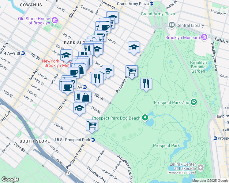 map of restaurants, bars, coffee shops, grocery stores, and more near 118 Prospect Park West in Brooklyn