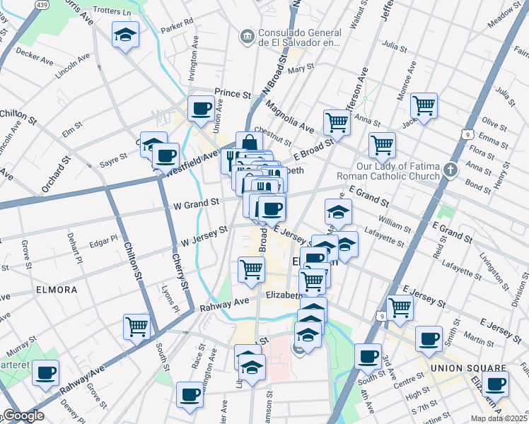 map of restaurants, bars, coffee shops, grocery stores, and more near 142 Broad Street in Elizabeth