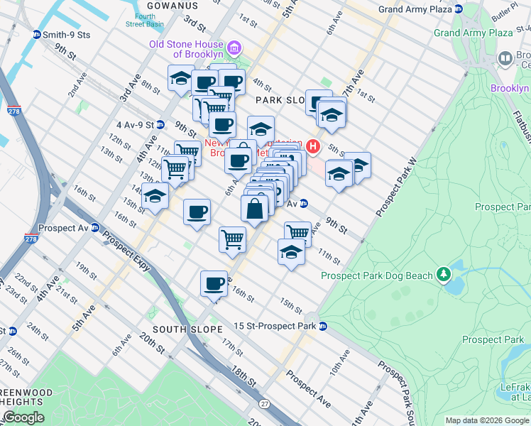 map of restaurants, bars, coffee shops, grocery stores, and more near 368 7th Avenue in Brooklyn