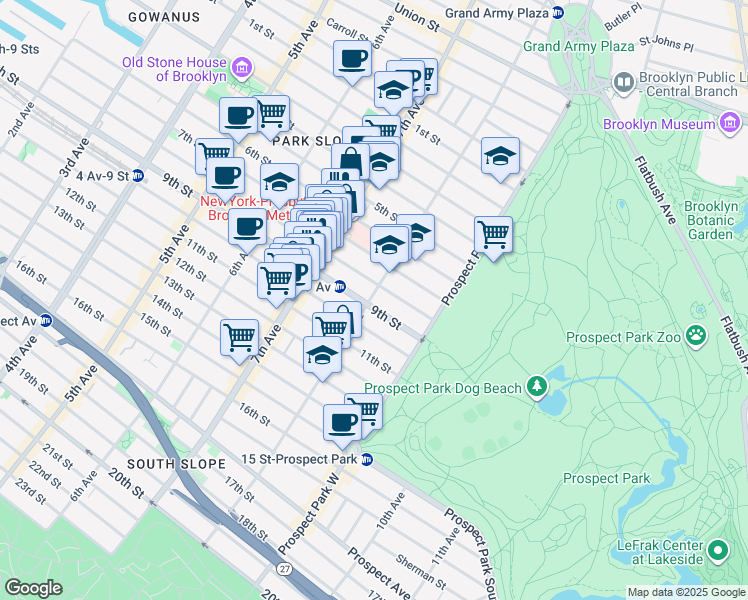 map of restaurants, bars, coffee shops, grocery stores, and more near 615 8th Avenue in Brooklyn