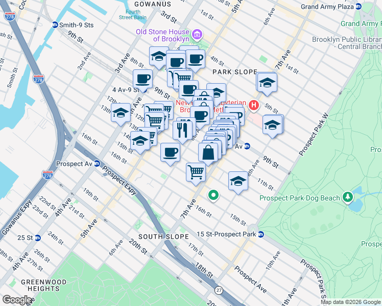 map of restaurants, bars, coffee shops, grocery stores, and more near 354 12th Street in Brooklyn