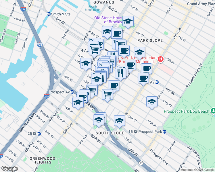 map of restaurants, bars, coffee shops, grocery stores, and more near 275 14th Street in Brooklyn