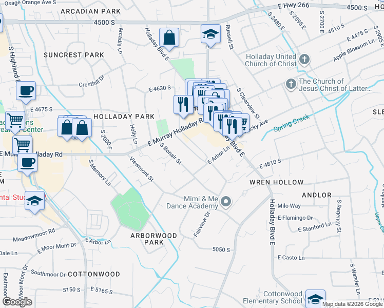 map of restaurants, bars, coffee shops, grocery stores, and more near 2220 East Murray Holladay Road in Holladay