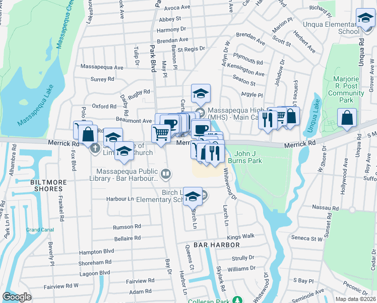map of restaurants, bars, coffee shops, grocery stores, and more near 4946 Merrick Road in Massapequa Park