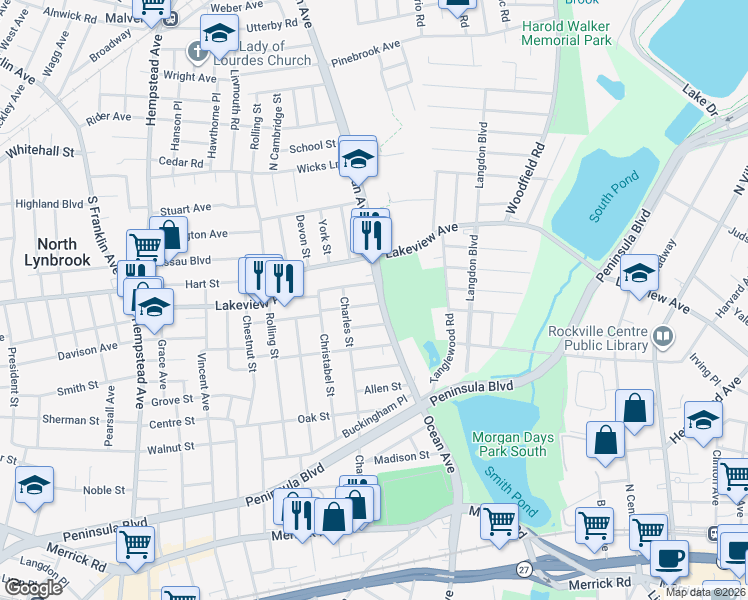 map of restaurants, bars, coffee shops, grocery stores, and more near 2 Ocean Avenue in Lynbrook