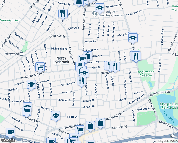 map of restaurants, bars, coffee shops, grocery stores, and more near 105 Hart Street in Lynbrook