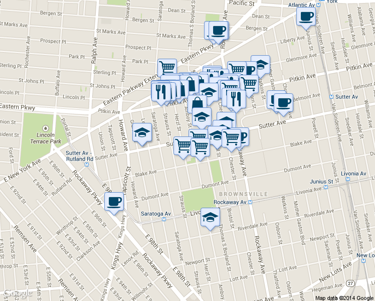 map of restaurants, bars, coffee shops, grocery stores, and more near 188 Sutter Avenue in Brooklyn
