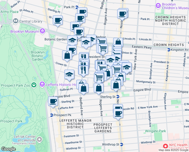 map of restaurants, bars, coffee shops, grocery stores, and more near 188 Crown Street in Brooklyn