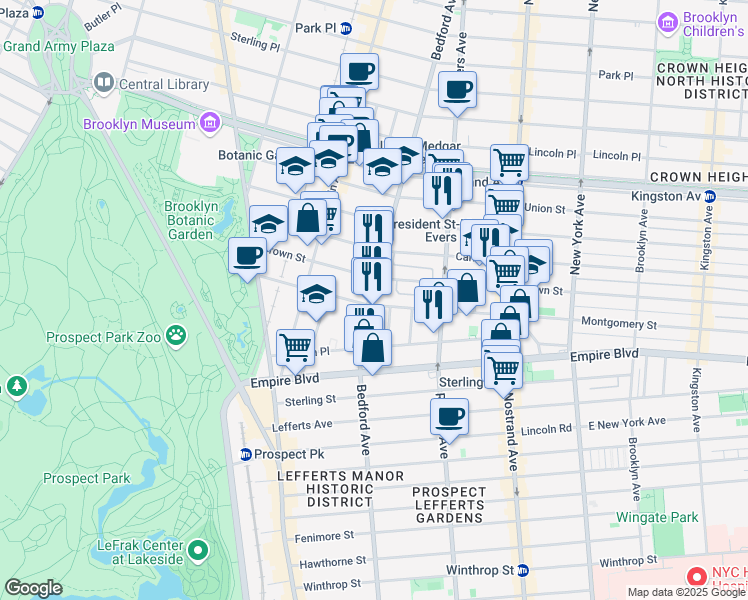 map of restaurants, bars, coffee shops, grocery stores, and more near 132 Crown Street in Brooklyn