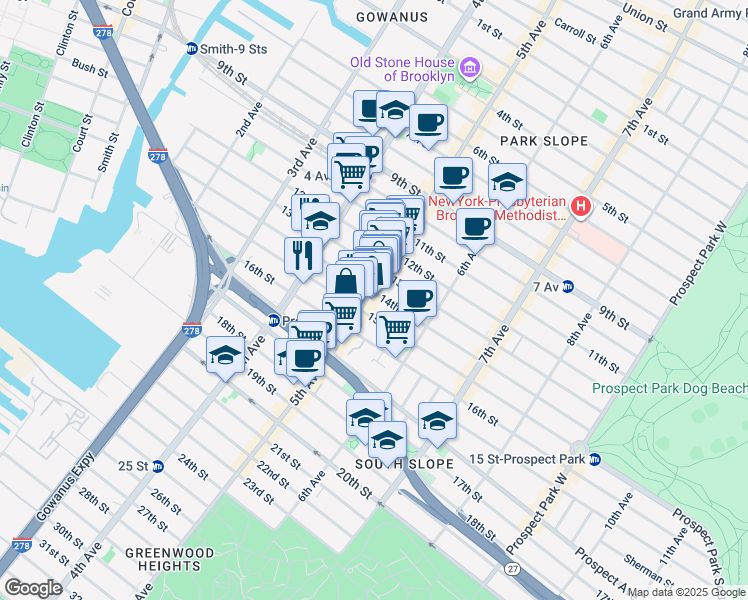map of restaurants, bars, coffee shops, grocery stores, and more near 530 5th Avenue in Brooklyn