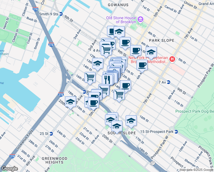 map of restaurants, bars, coffee shops, grocery stores, and more near 530 5th Avenue in Brooklyn