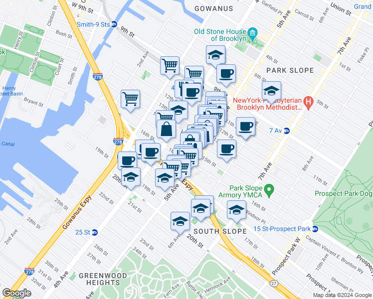 map of restaurants, bars, coffee shops, grocery stores, and more near 171 15th Street in Brooklyn
