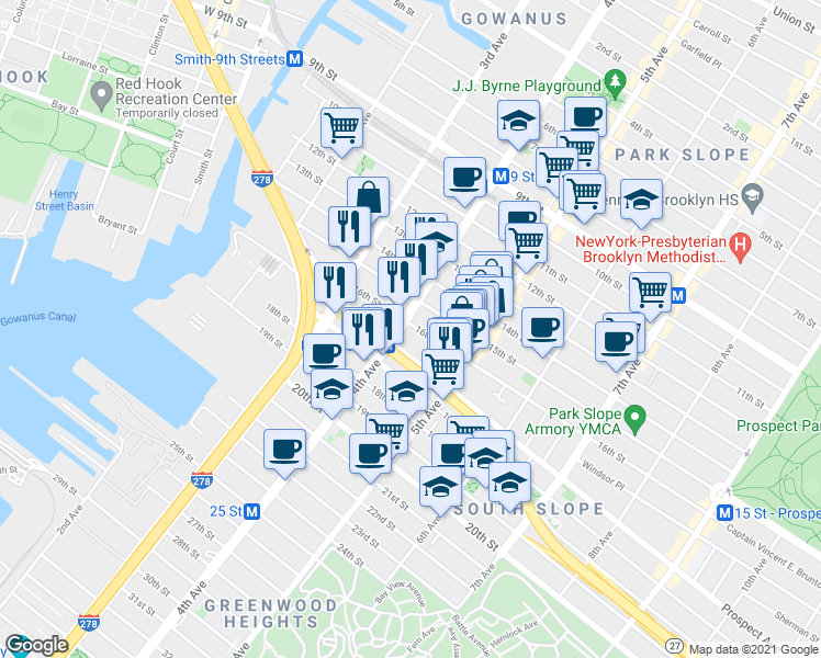 map of restaurants, bars, coffee shops, grocery stores, and more near in Brooklyn