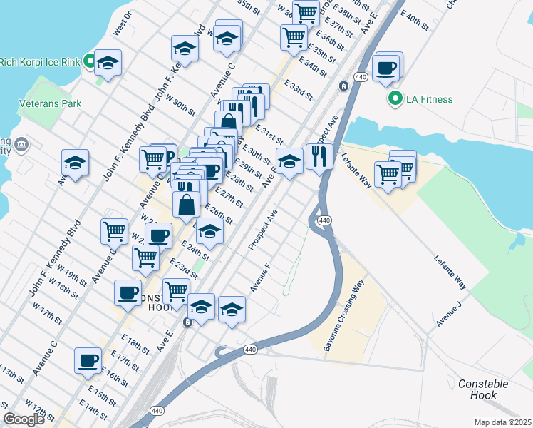map of restaurants, bars, coffee shops, grocery stores, and more near 183 Prospect Avenue in Bayonne