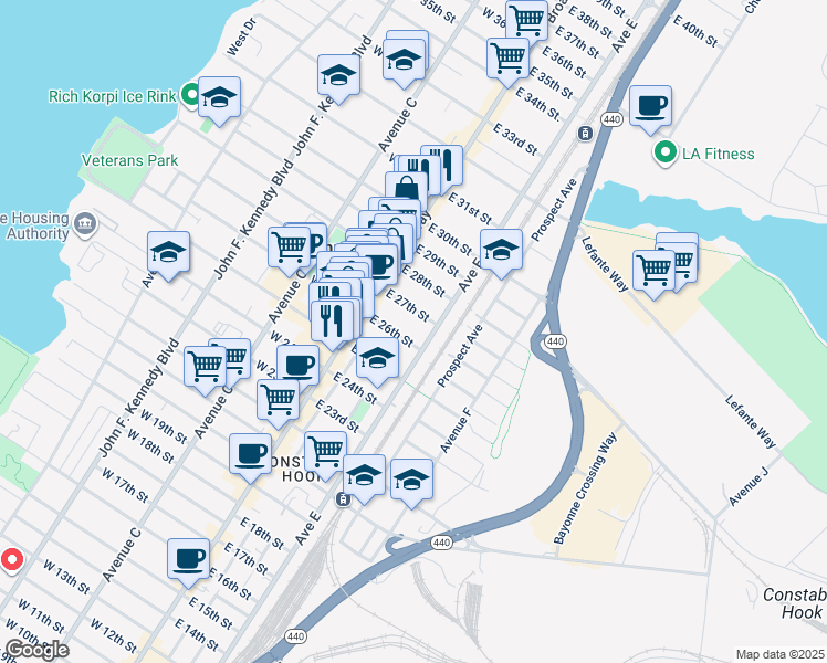 map of restaurants, bars, coffee shops, grocery stores, and more near 45 East 27th Street in Bayonne