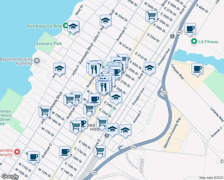 map of restaurants, bars, coffee shops, grocery stores, and more near 565 Broadway in Bayonne