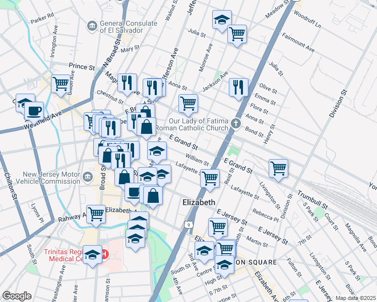 map of restaurants, bars, coffee shops, grocery stores, and more near 1062 East Grand Street in Elizabeth