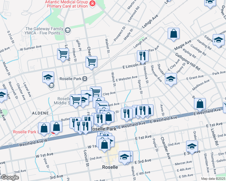 map of restaurants, bars, coffee shops, grocery stores, and more near 425 Walnut Street in Roselle Park