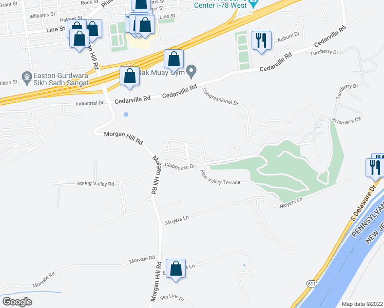 map of restaurants, bars, coffee shops, grocery stores, and more near 307 Waterford Terrace in Easton