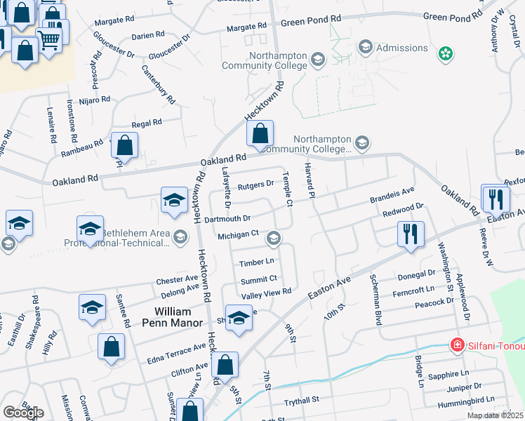map of restaurants, bars, coffee shops, grocery stores, and more near 3585 Dartmouth Drive in Bethlehem