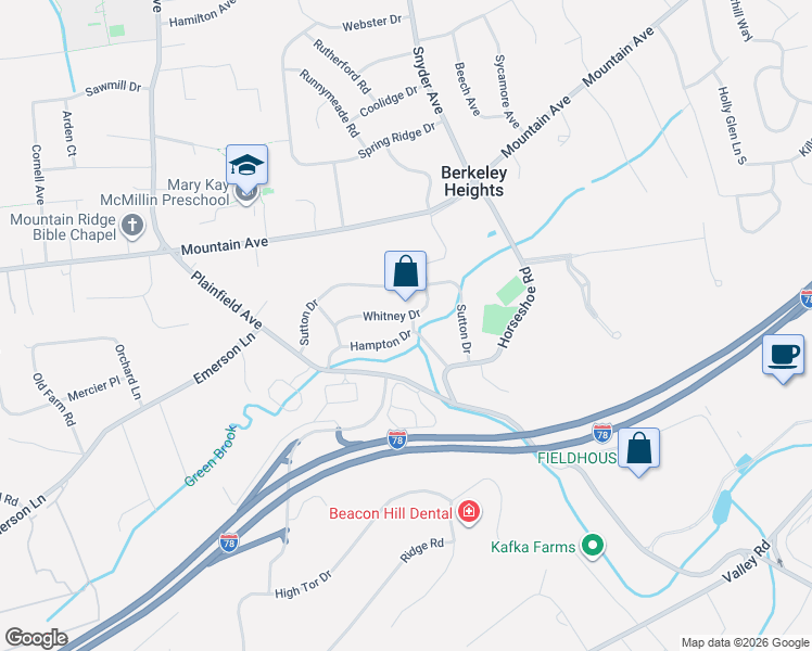 map of restaurants, bars, coffee shops, grocery stores, and more near 63 Whitney Drive in Berkeley Heights