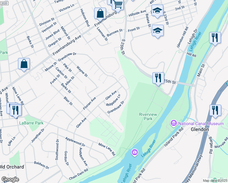map of restaurants, bars, coffee shops, grocery stores, and more near 3117 Glen Avenue in Easton