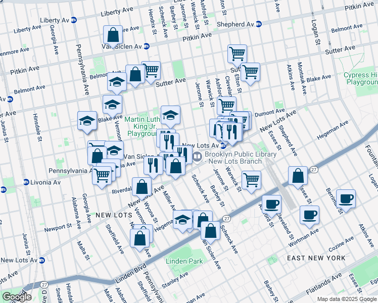 map of restaurants, bars, coffee shops, grocery stores, and more near 797 Schenck Avenue in Brooklyn