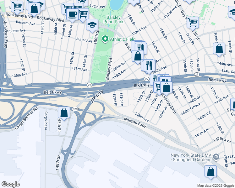 map of restaurants, bars, coffee shops, grocery stores, and more near 144-08 153rd Lane in Queens