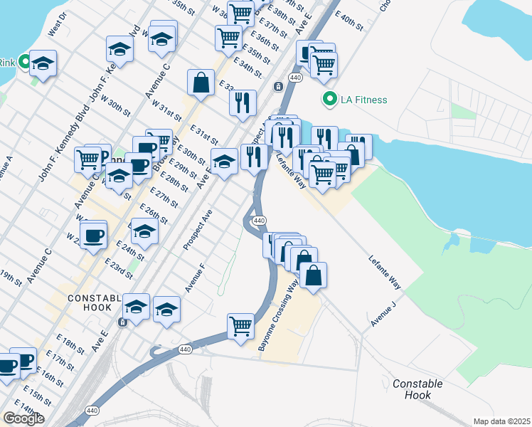 map of restaurants, bars, coffee shops, grocery stores, and more near New Hook Access Rd in Bayonne