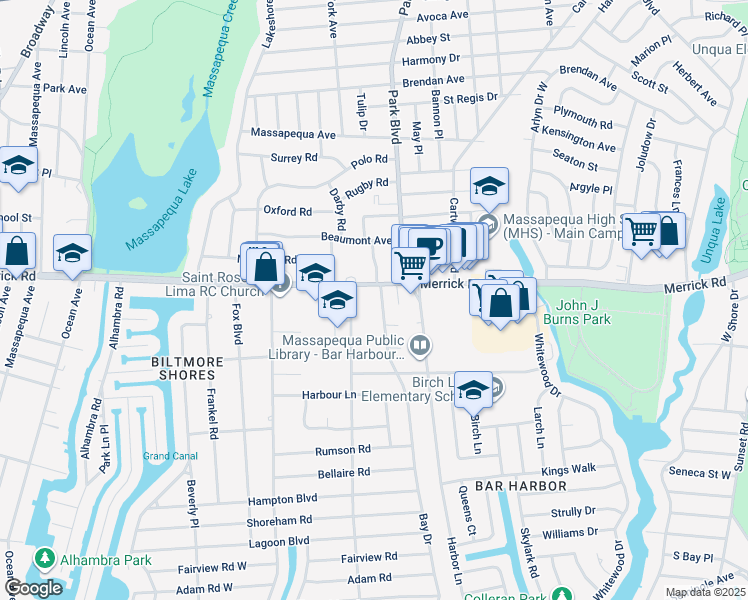 map of restaurants, bars, coffee shops, grocery stores, and more near 9 Bay Drive in Massapequa