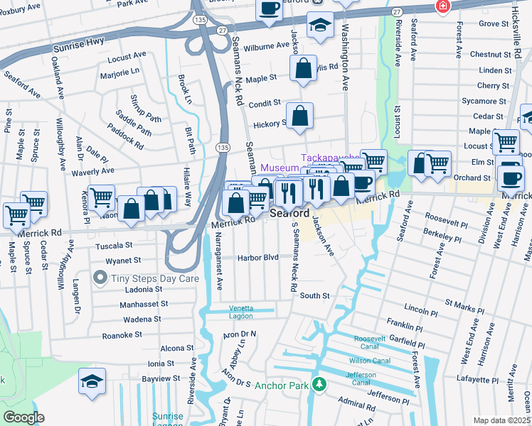 map of restaurants, bars, coffee shops, grocery stores, and more near 3836 Ray Street in Seaford