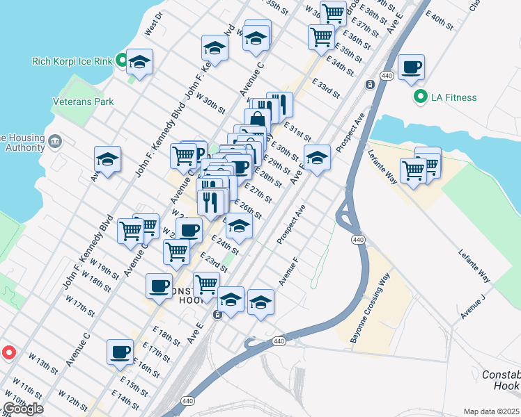 map of restaurants, bars, coffee shops, grocery stores, and more near 45 East 27th Street in Bayonne