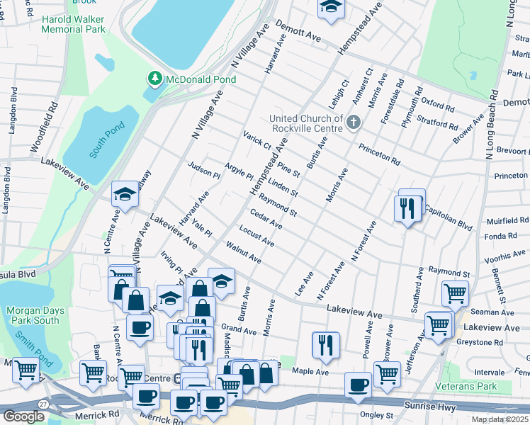 map of restaurants, bars, coffee shops, grocery stores, and more near 20 Raymond Street in Rockville Centre