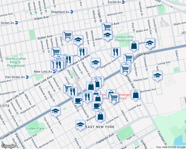 map of restaurants, bars, coffee shops, grocery stores, and more near 966 Hegeman Avenue in Brooklyn