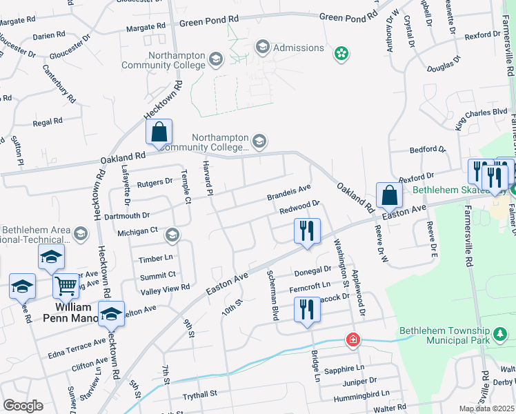 map of restaurants, bars, coffee shops, grocery stores, and more near 3850 Brandeis Avenue in Bethlehem