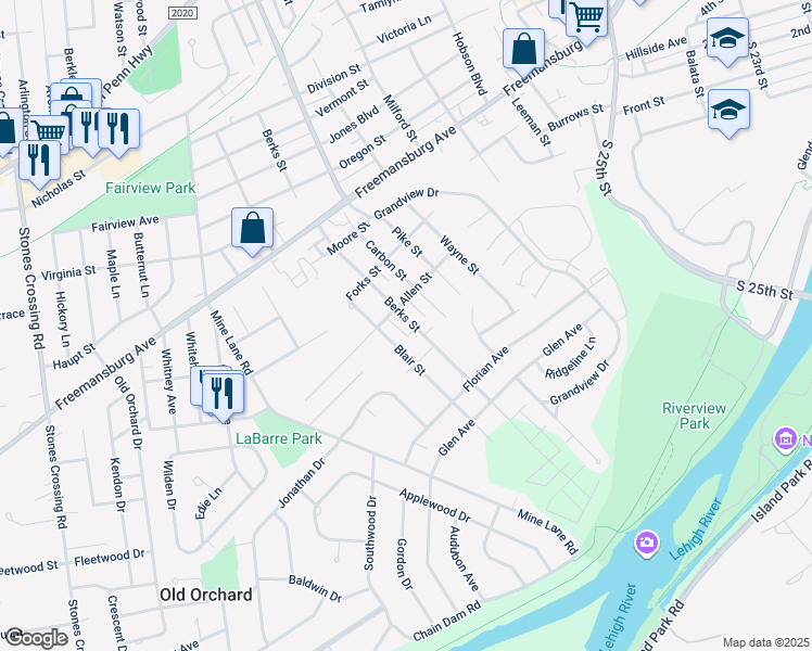 map of restaurants, bars, coffee shops, grocery stores, and more near 313 Berks Street in Easton