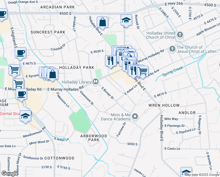 map of restaurants, bars, coffee shops, grocery stores, and more near 2220 East Murray Holladay Road in Holladay