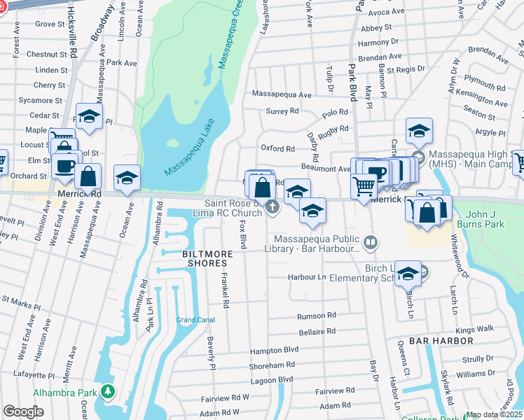 map of restaurants, bars, coffee shops, grocery stores, and more near 4657 Merrick Road in Massapequa