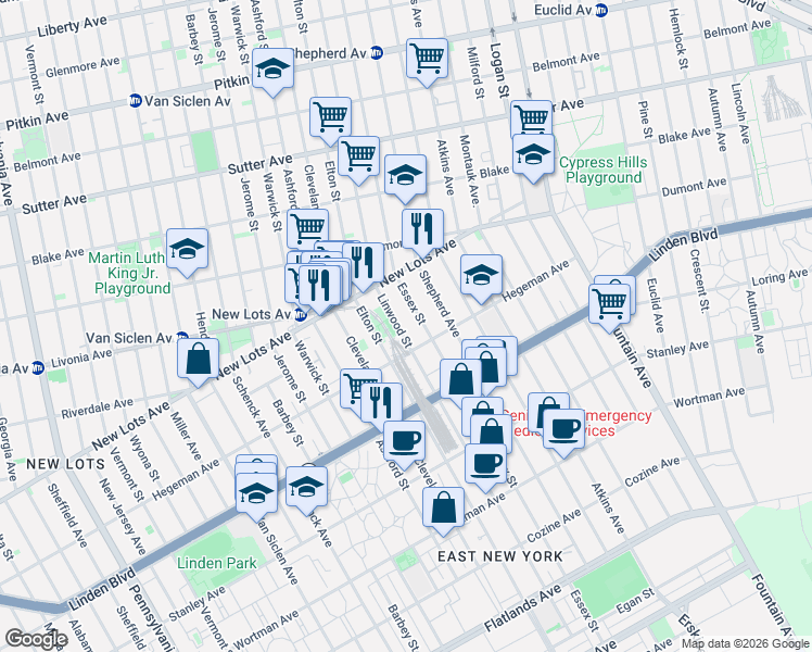 map of restaurants, bars, coffee shops, grocery stores, and more near 700 Essex Street in Brooklyn