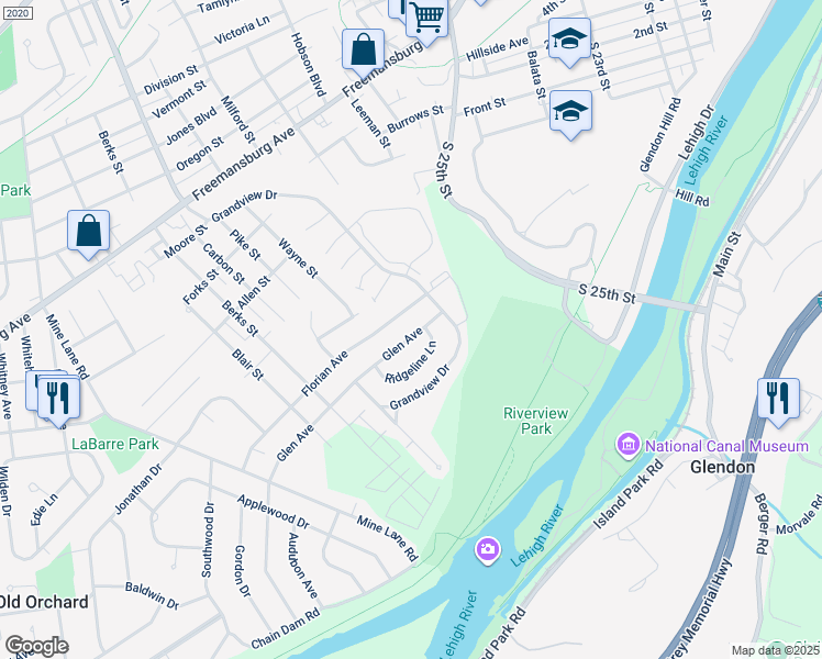 map of restaurants, bars, coffee shops, grocery stores, and more near 3117 Glen Avenue in Easton