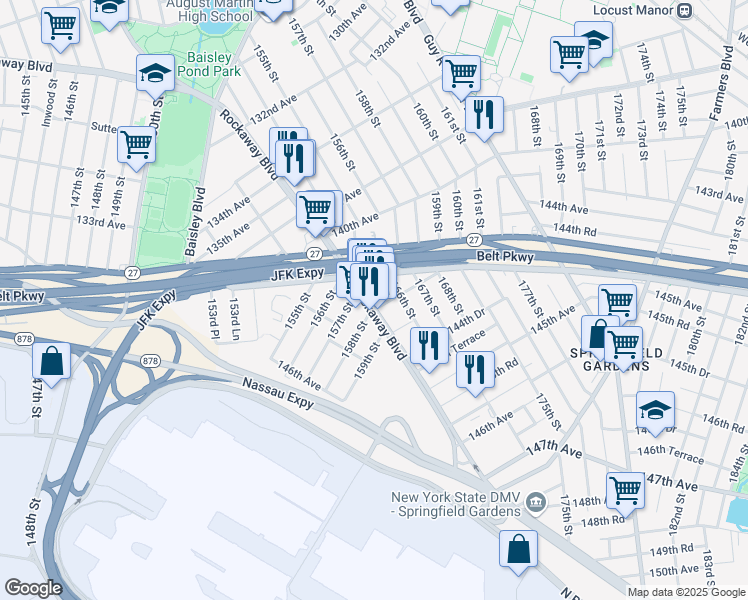 map of restaurants, bars, coffee shops, grocery stores, and more near 157-17 Rockaway Boulevard in Queens